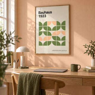 Mid Century Modern Wall Art, framed on the wall of a calm home office with a soft peach wall