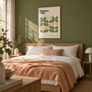 Mid Century Modern Wall Art, framed on the wall of a calm modern bedroom with a plain olive green wall