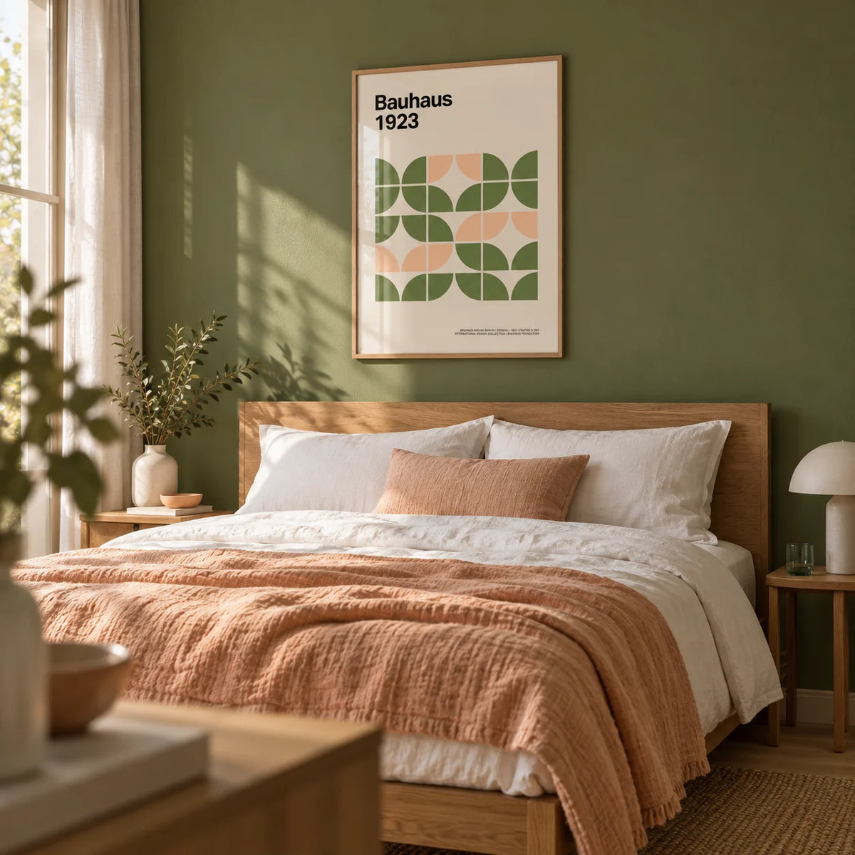 Mid Century Modern Wall Art, framed on the wall of a calm modern bedroom with a plain olive green wall