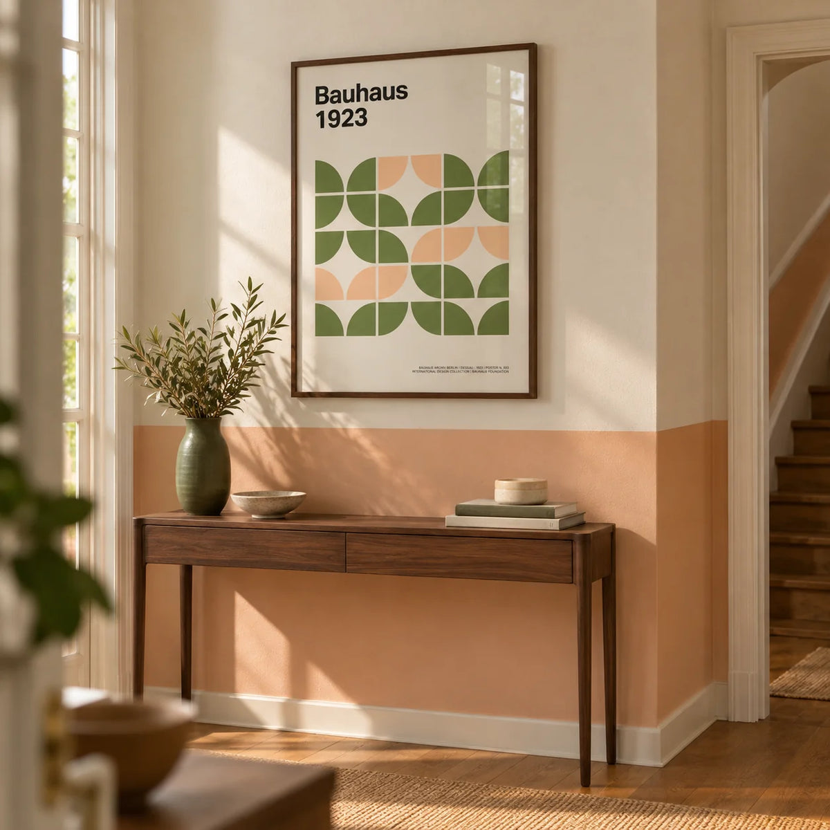 Mid Century Modern Wall Art, framed on the wall of a hallway with a plain peach painted lower wall and a cream upper wall