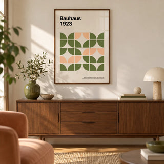 Mid Century Modern Wall Art, framed on the wall of a mid-century modern living room with a warm white wall
