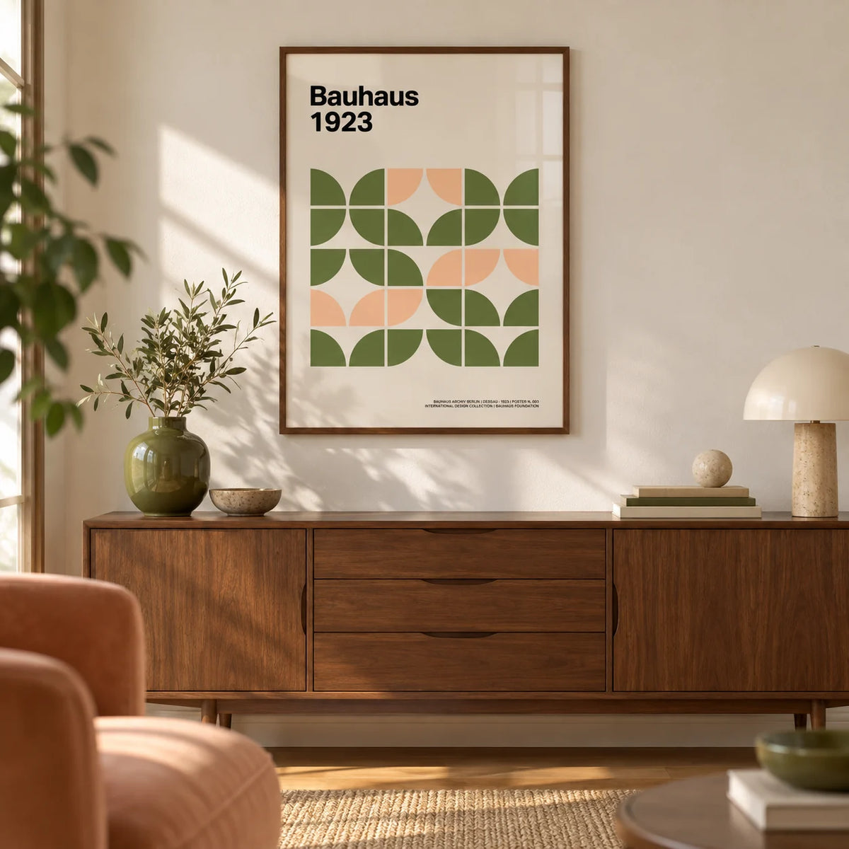 Mid Century Modern Wall Art, framed on the wall of a mid-century modern living room with a warm white wall