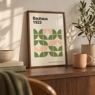 Mid Century Modern Wall Art, a small A4 framed print leaning on a walnut shelf in a living room