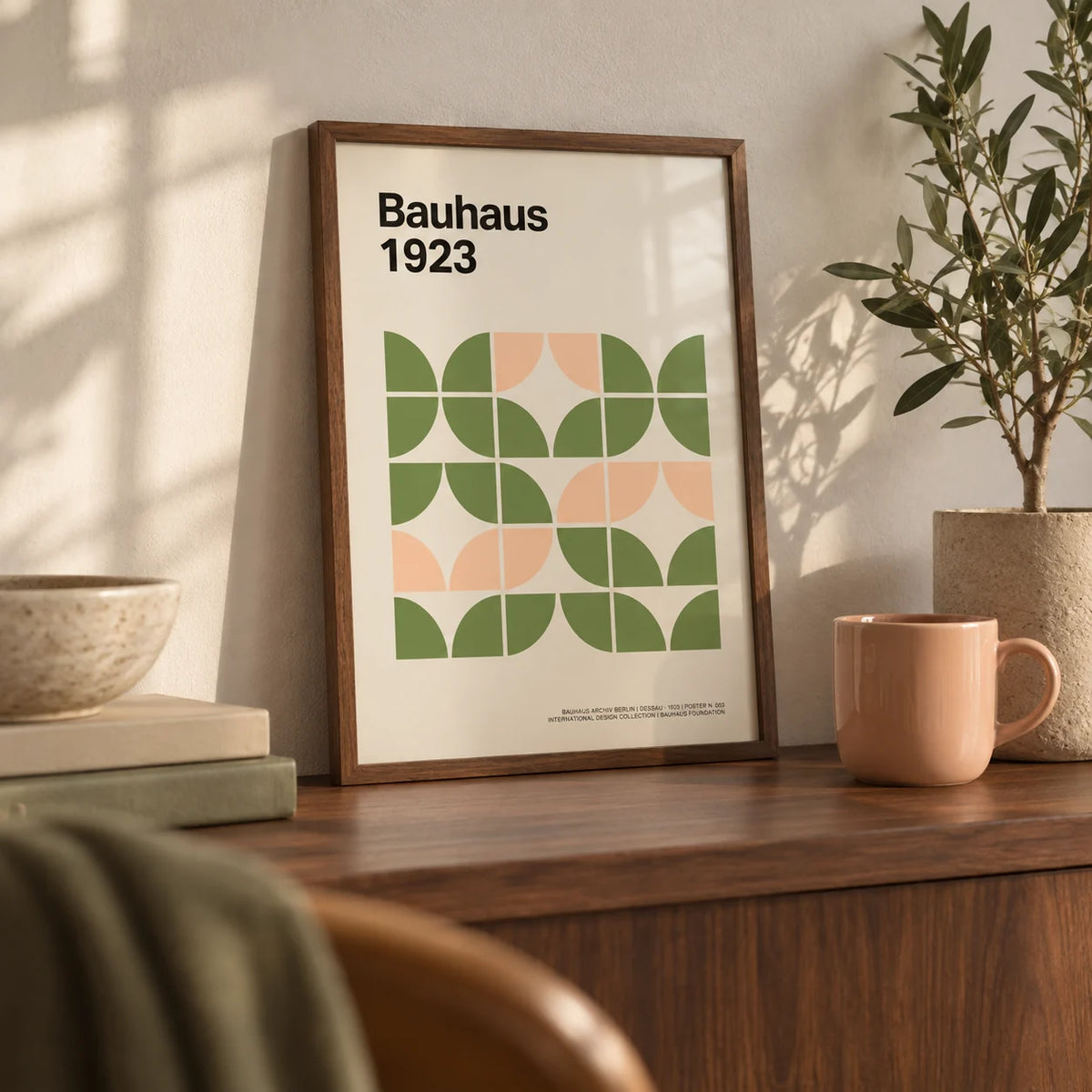 Mid Century Modern Wall Art, a small A4 framed print leaning on a walnut shelf in a living room