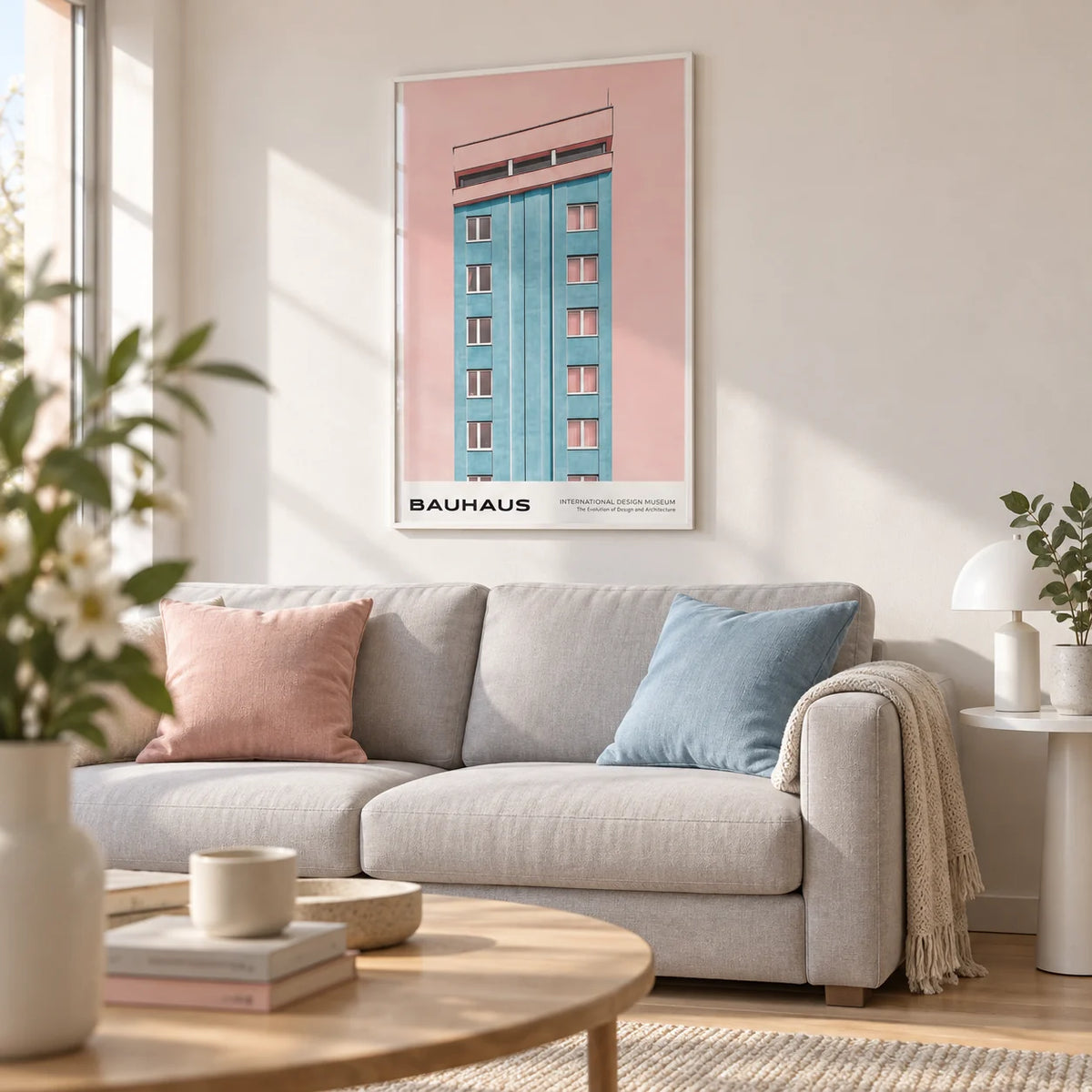 Mid Century Modernist Art, framed on the wall of a bright modern city flat living room