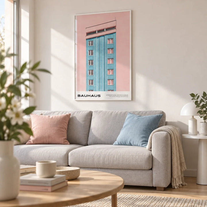 Mid Century Modernist Art, framed on the wall of a bright modern city flat living room