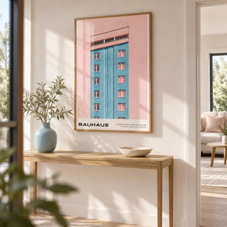 Mid Century Modernist Art, framed on the wall of a bright modern hallway