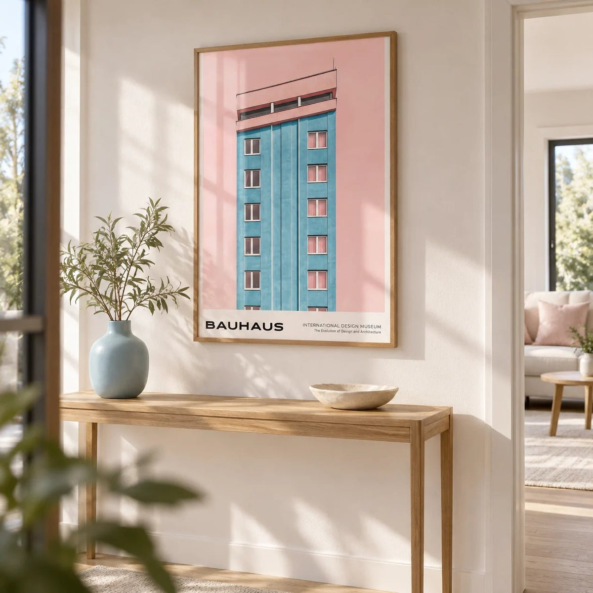 Mid Century Modernist Art, framed on the wall of a bright modern hallway