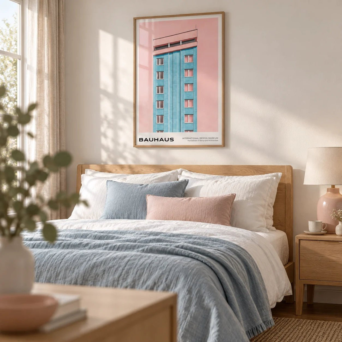 Mid Century Modernist Art, framed on the wall of a calm modern bedroom