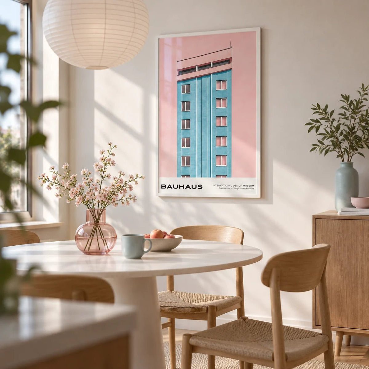 Mid Century Modernist Art, framed on the wall of a modern dining nook