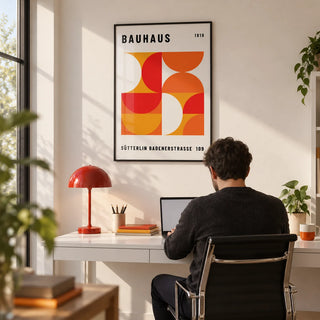 Mid Century Wall Art, framed on the wall of a bright home office with a white wall