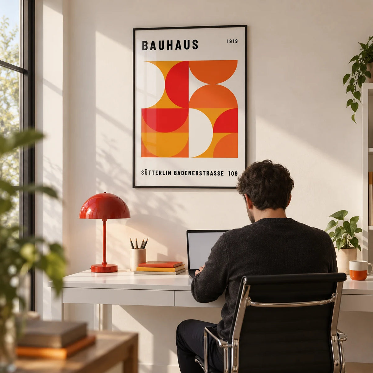 Mid Century Wall Art, framed on the wall of a bright home office with a white wall