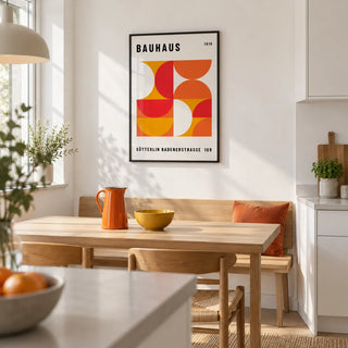 Mid Century Wall Art, framed on the wall of a bright modern kitchen-diner with white units and a white wall