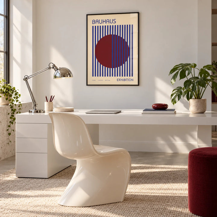 Mid Century Wall Art, framed on the wall of a bright white home office with a chrome lamp