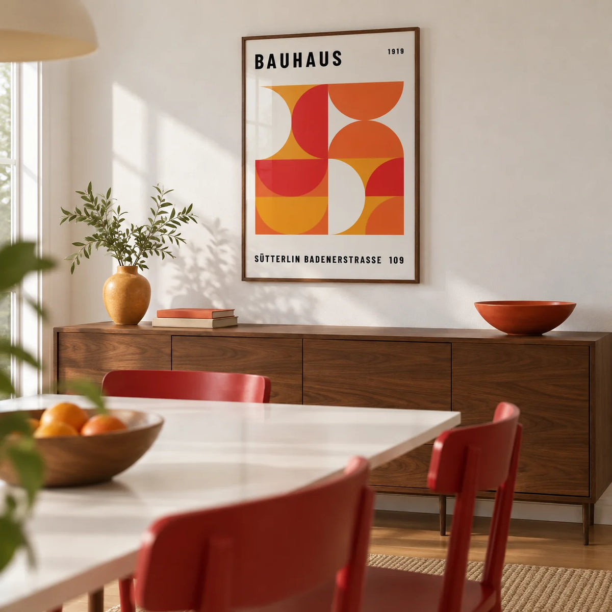 Mid Century Wall Art, framed on the wall of a modern dining room with a white wall
