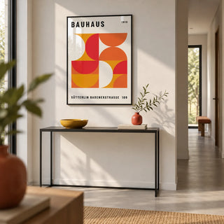 Mid Century Wall Art, framed on the wall of a modern hallway with a white wall and a pale grey floor