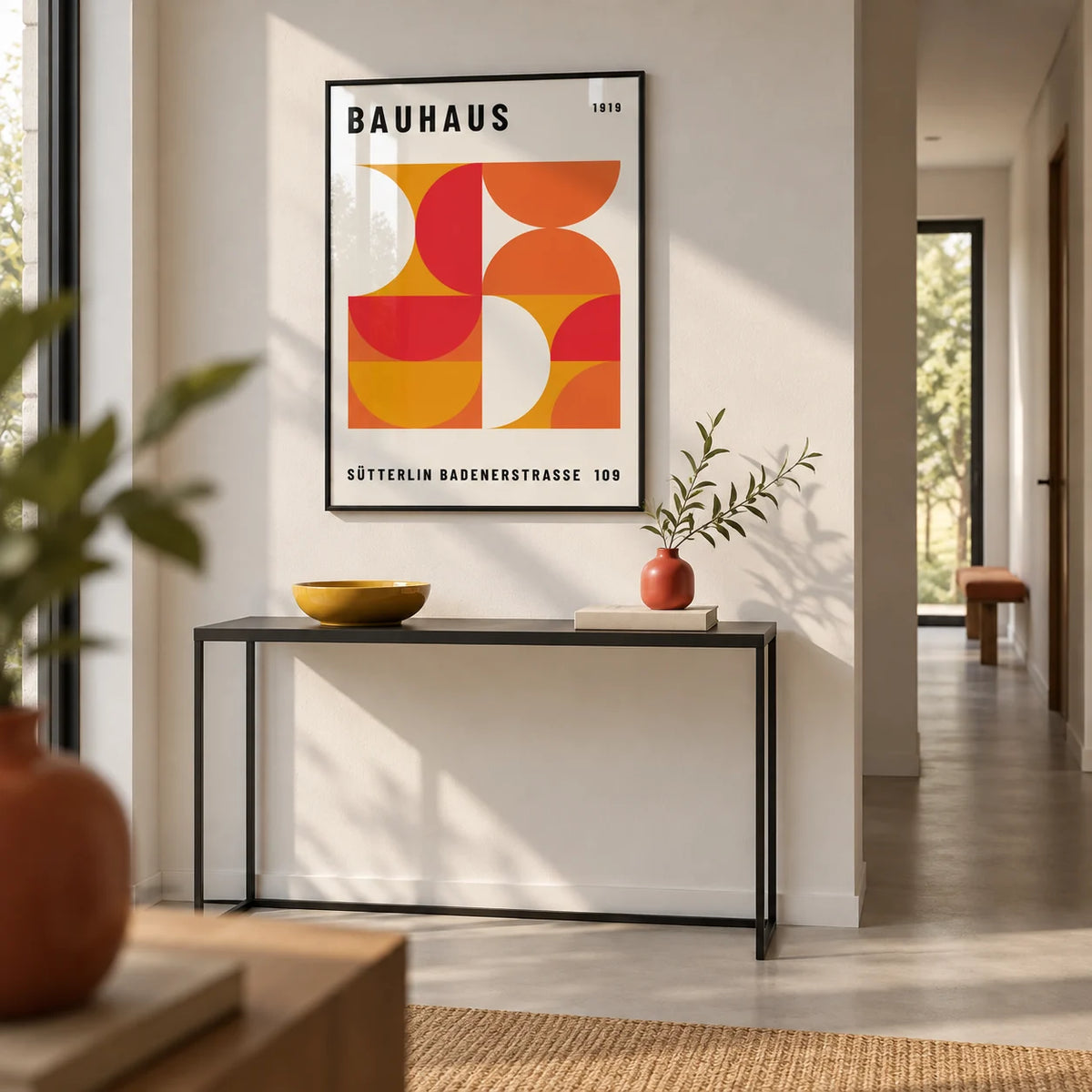 Mid Century Wall Art, framed on the wall of a modern hallway with a white wall and a pale grey floor