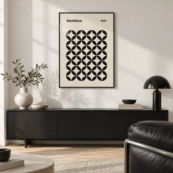 Mid Century Wall Print, framed on the wall of a monochrome living room with a white wall and a pale oak floor
