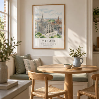 Milan Cathedral Art Print, framed on the wall of a light dining nook in a UK flat with warm white walls and a built-in bench