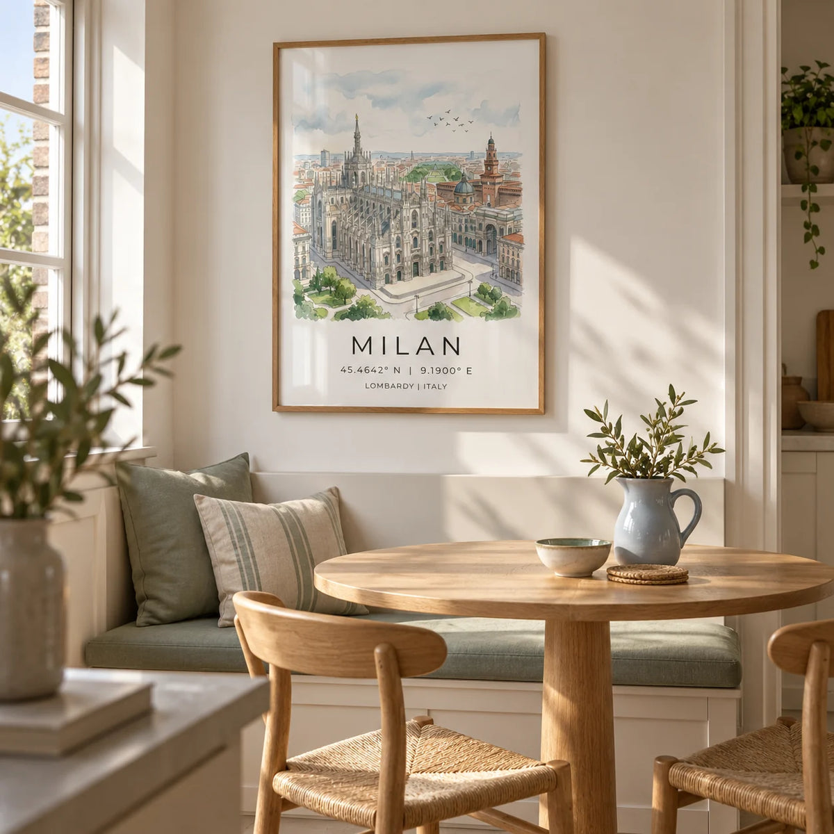 Milan Cathedral Art Print, framed on the wall of a light dining nook in a UK flat with warm white walls and a built-in bench