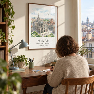 Milan Cathedral Art Print, framed on the wall of a quiet home study in a UK flat with a warm white wall and a view across neighbouring rooftops