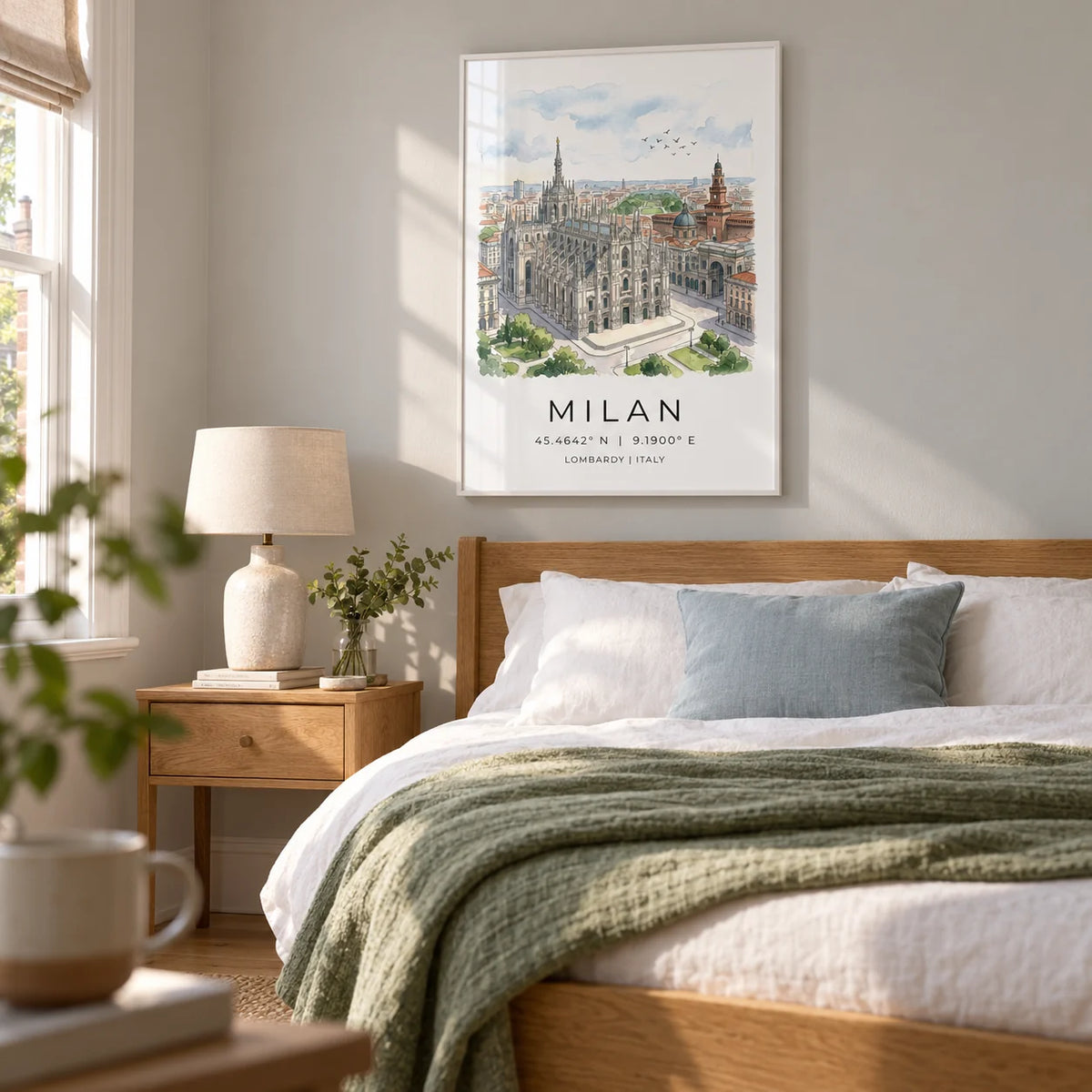 Milan Cathedral Art Print, framed on the wall of a restful adult bedroom in a renovated UK terrace with a pale grey wall