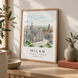 Milan Cathedral Art Print, a small A4 framed print leaning on a pale oak shelf in a living room