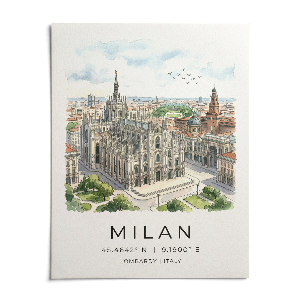 Milan Cathedral Art Print, shown as an unframed paper print on a plain white background