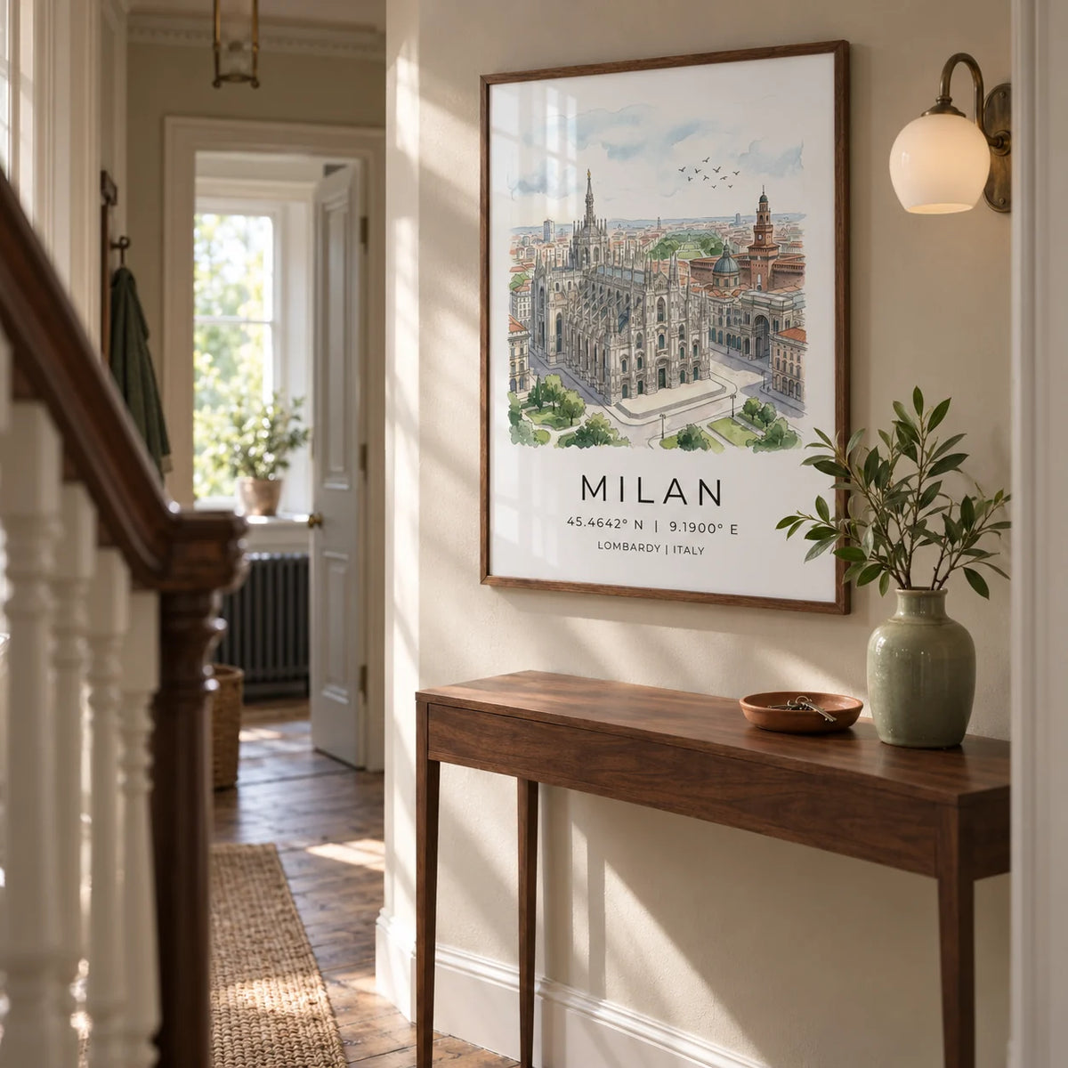 Milan Cathedral Art Print, framed on the wall of a welcoming narrow hallway in a Victorian terrace with pale stone walls and original timber floorboards