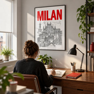 Milan City Wall Art, framed on the wall of a bright architectural study in a UK flat with a pale grey wall
