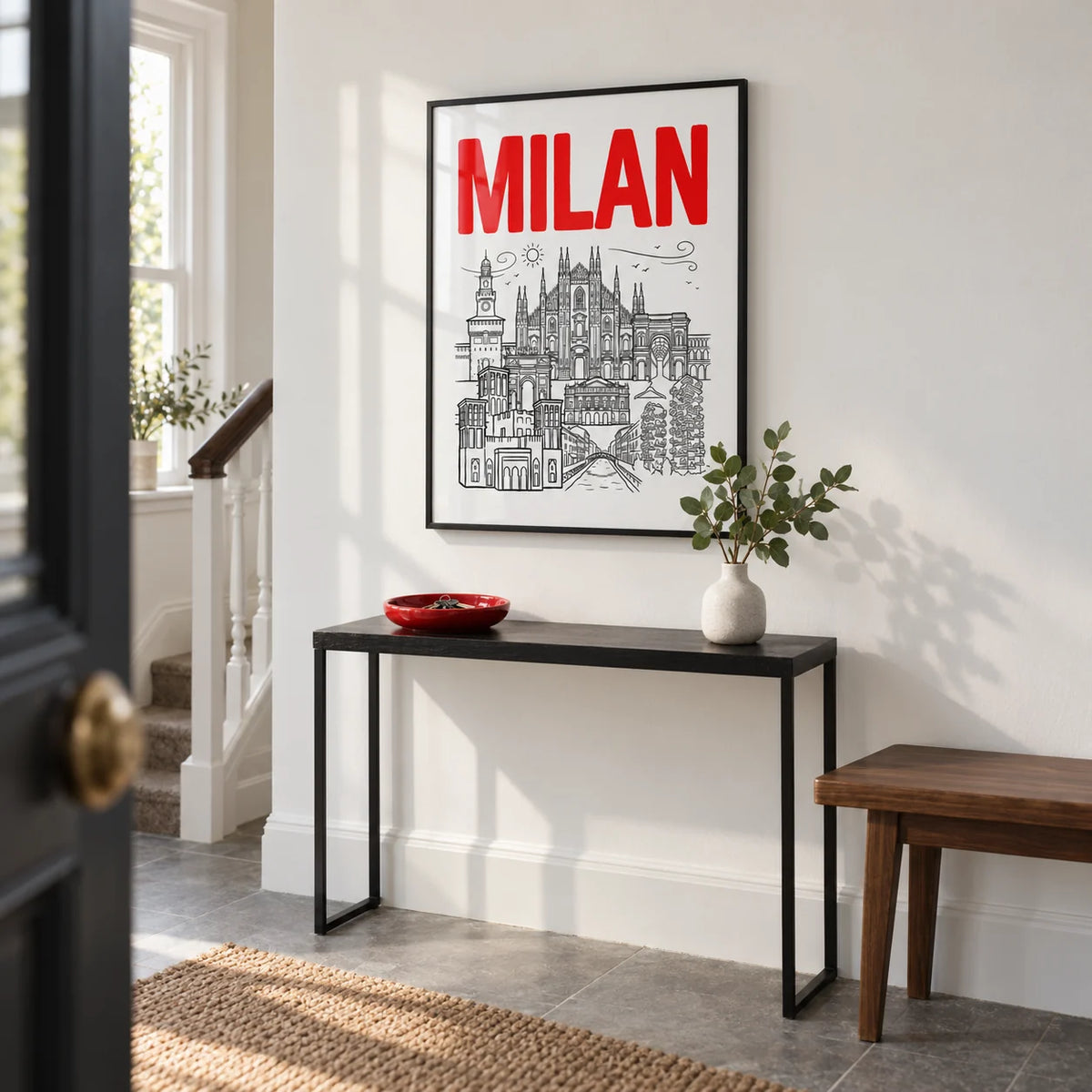 Milan City Wall Art, framed on the wall of a crisp entrance hallway in a UK townhouse with a white wall and plain grey stone floor