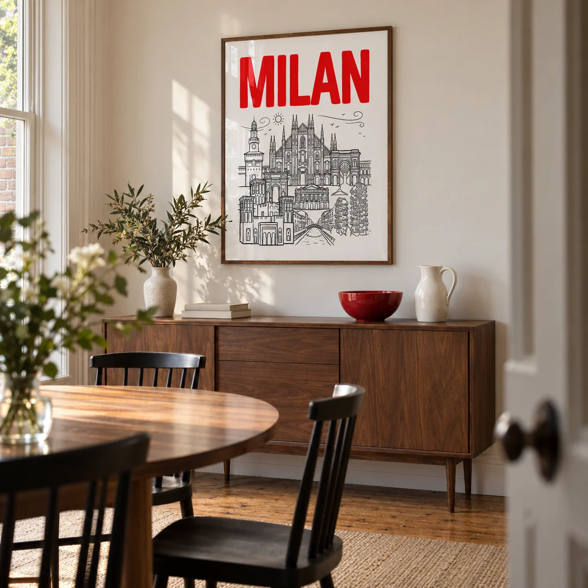 Milan City Wall Art, framed on the wall of a modern dining room in a Victorian terrace with a warm white wall and restored timber floor