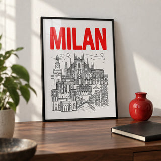 Milan City Wall Art, a small A4 framed print leaning on a walnut desk