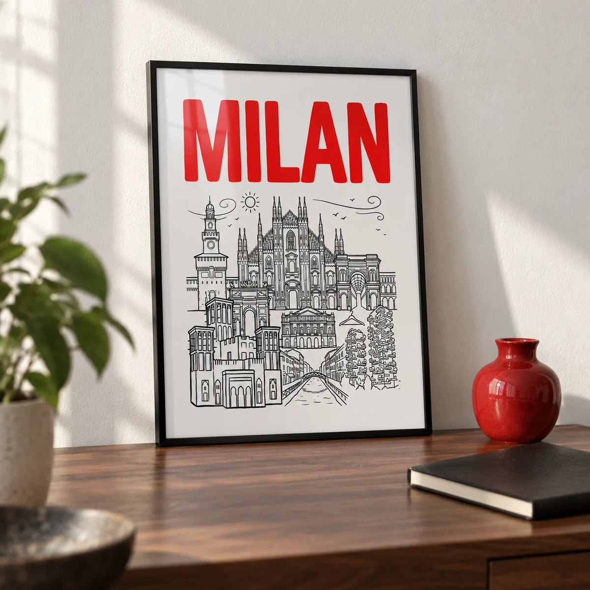 Milan City Wall Art, a small A4 framed print leaning on a walnut desk