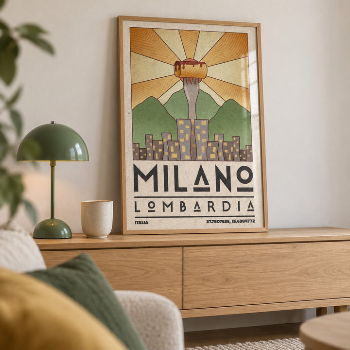 Milano Art Print shown in a living room, leaning on an oak console (frame not included)