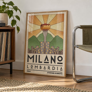 Milano Art Print shown in a living room, leaning on the floor by a chrome chair (frame not included)
