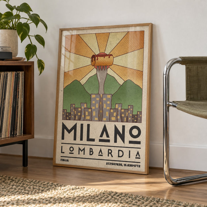Milano Art Print shown in a living room, leaning on the floor by a chrome chair (frame not included)