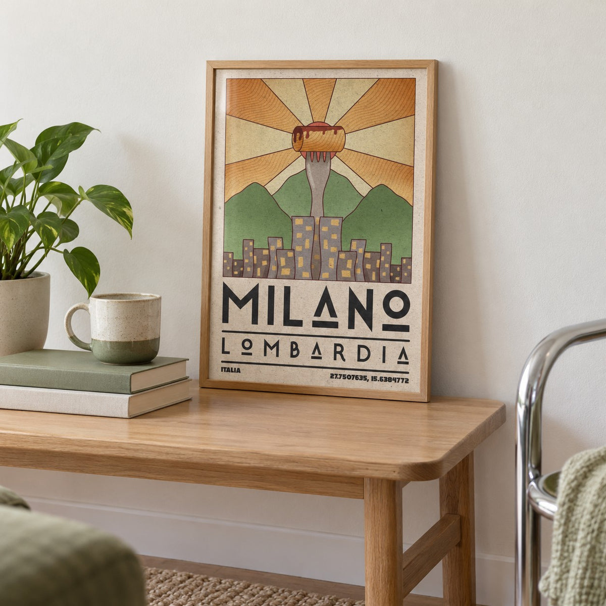 Milano Art Print shown in the small A4 size on a side table (frame not included)