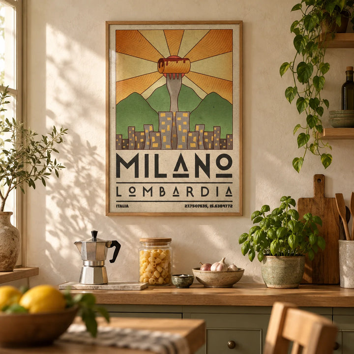 Milano Art Print, framed on the wall of a warm Italian-style kitchen with cream plaster walls