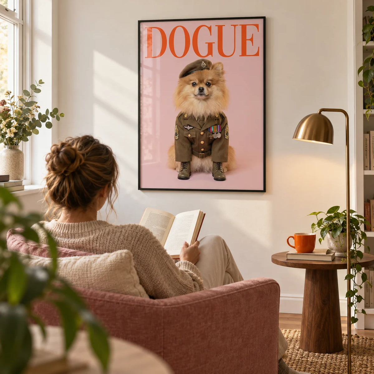Military Dog Wall Art, framed on the wall of a bright reading corner in a modern UK flat with a warm white wall in a living room