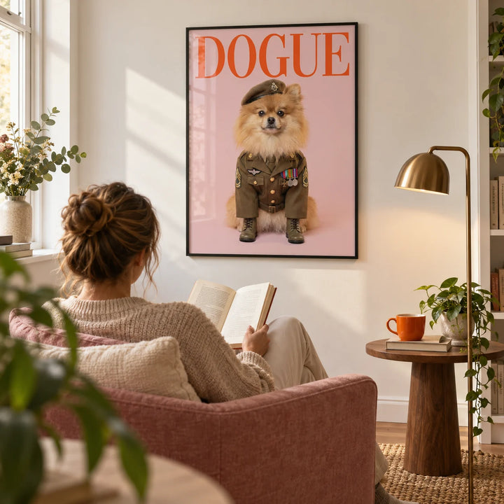 Military Dog Wall Art, framed on the wall of a bright reading corner in a modern UK flat with a warm white wall in a living room