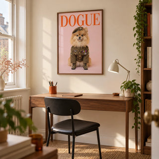 Military Dog Wall Art, framed on the wall of a compact home study in a UK terraced house with a warm cream wall