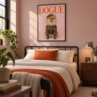 Military Dog Wall Art, framed on the wall of a contemporary bedroom for a dog-loving older teen (16-17) with a pale dusty pink wall