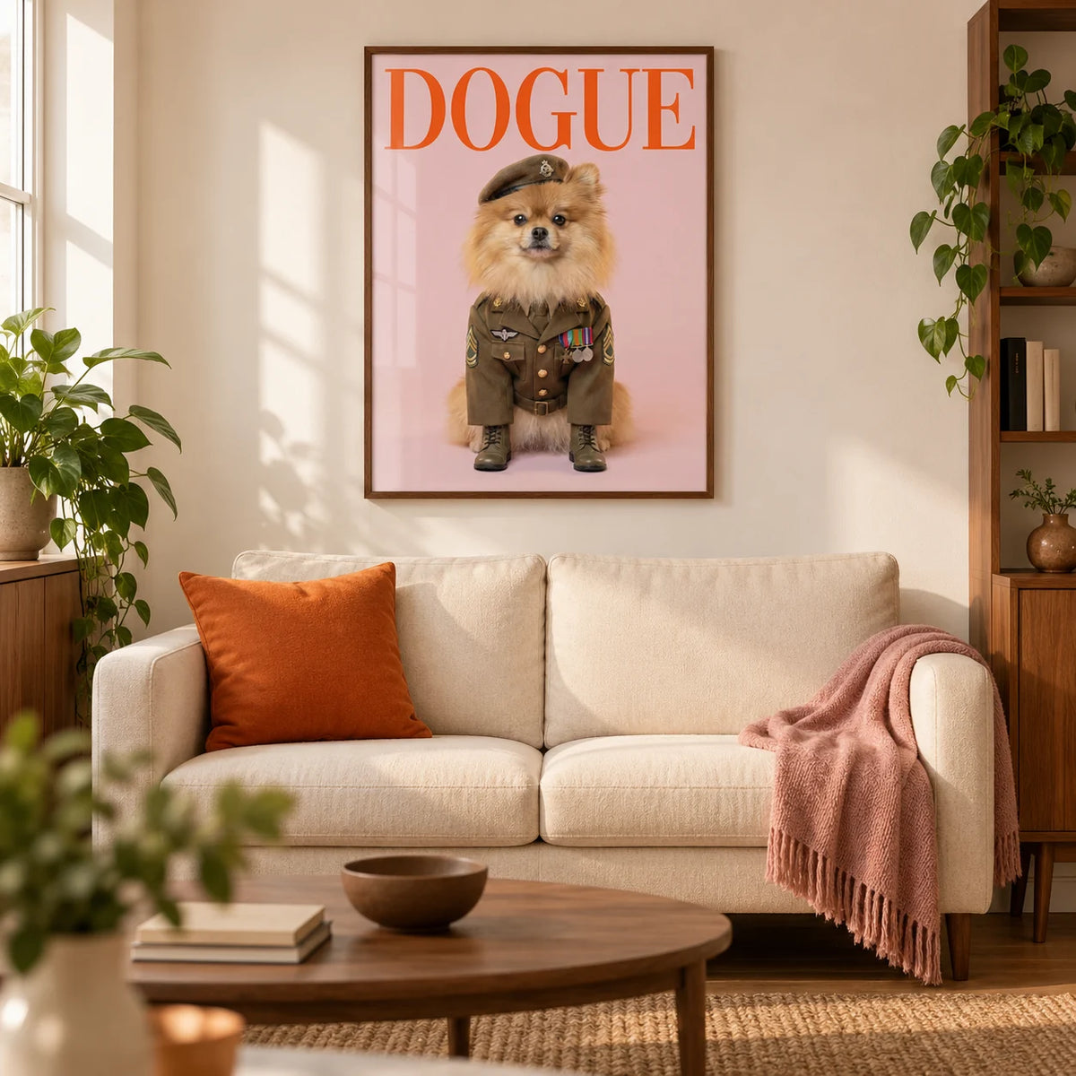 Military Dog Wall Art, framed on the wall of a modern living room in a UK first flat (22-28) with warm white walls and walnut furniture