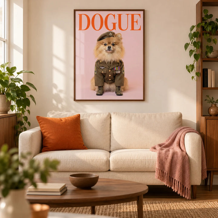 Military Dog Wall Art, framed on the wall of a modern living room in a UK first flat (22-28) with warm white walls and walnut furniture