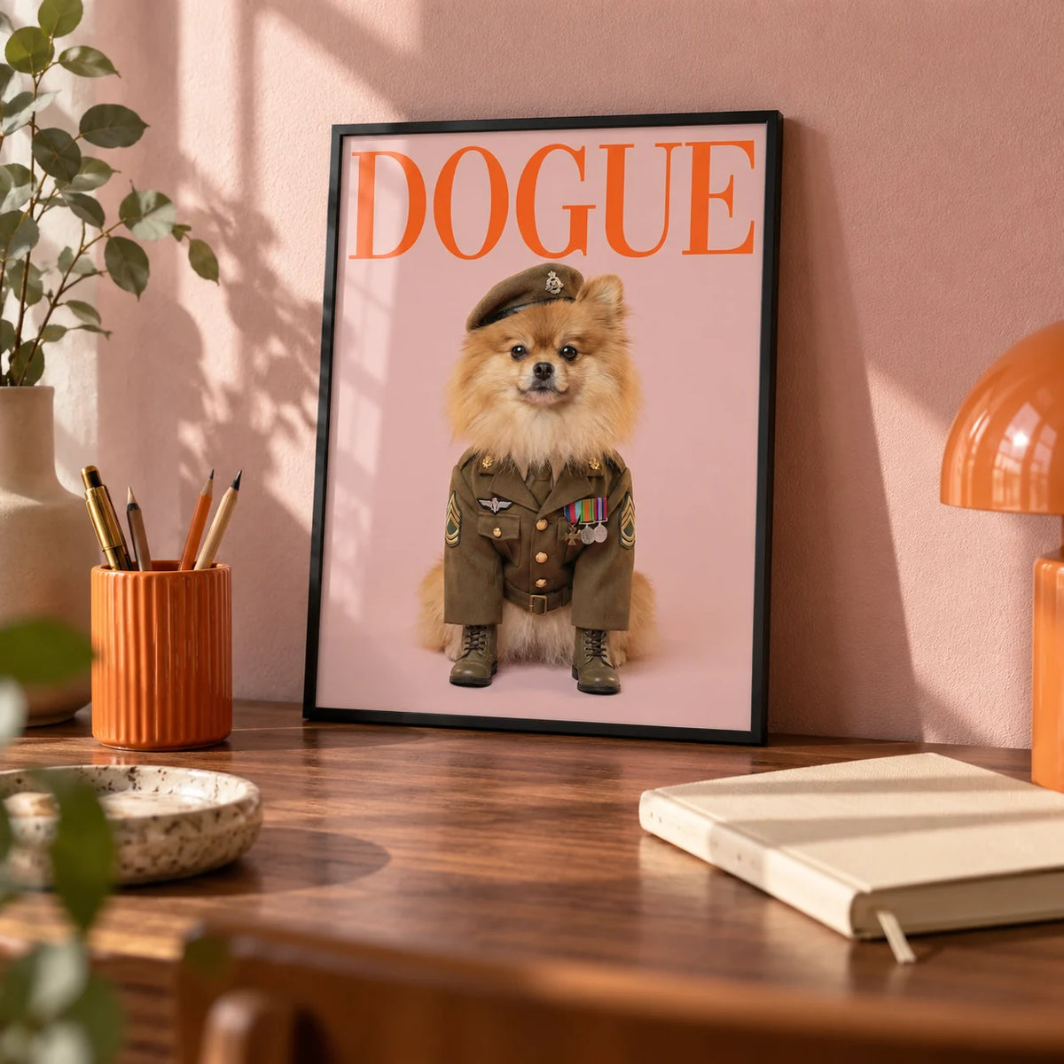 Military Dog Wall Art, a small A4 framed print leaning on a walnut desk