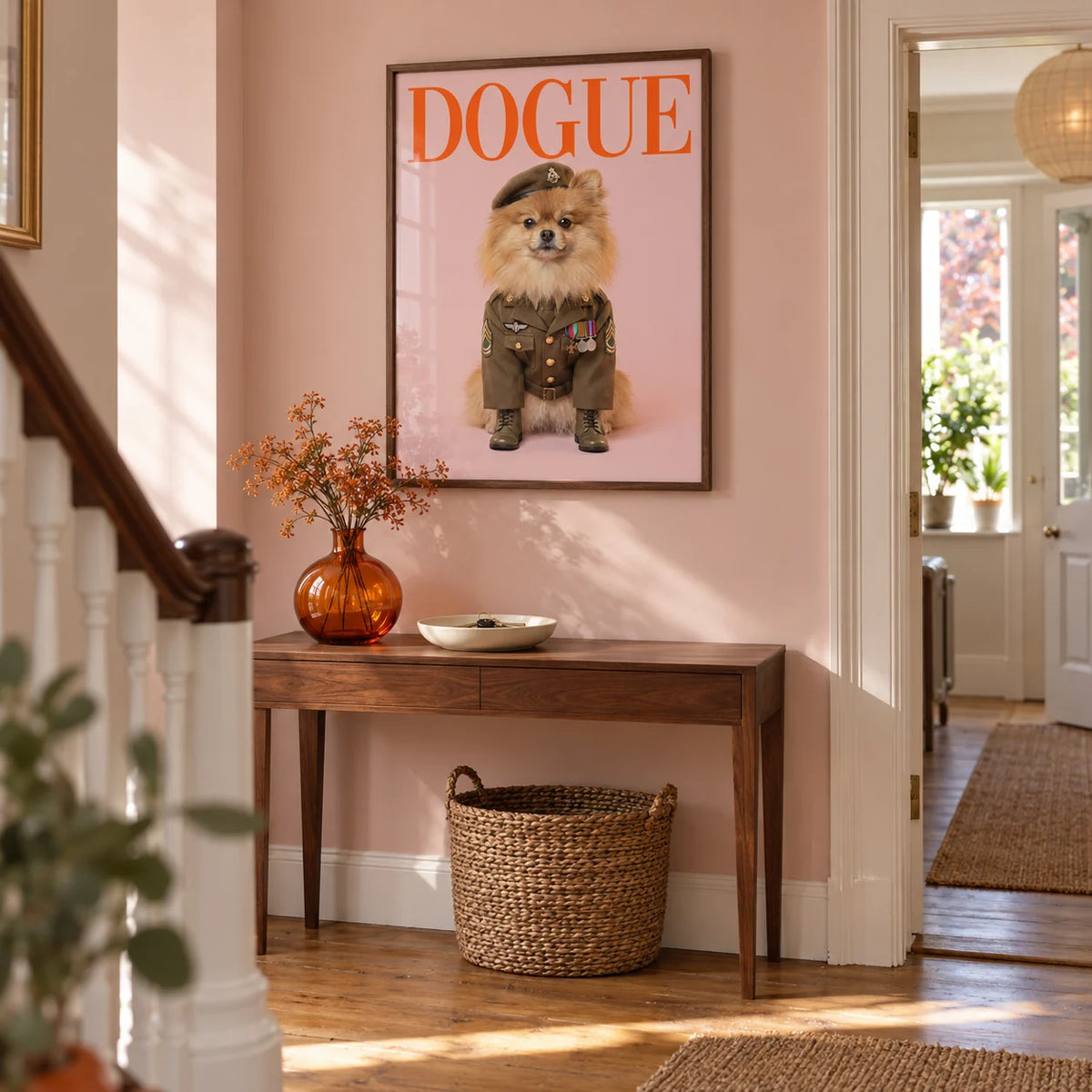 Military Dog Wall Art, framed on the wall of a welcoming hallway in a renovated UK terrace with a pale pink wall and oak floorboards