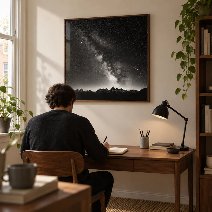 Milky Way Print, framed on the wall of a quiet home study in a UK terrace with a warm white wall and simple walnut furniture