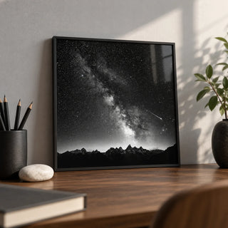 Milky Way Print, a small A4 framed print leaning on a walnut desk