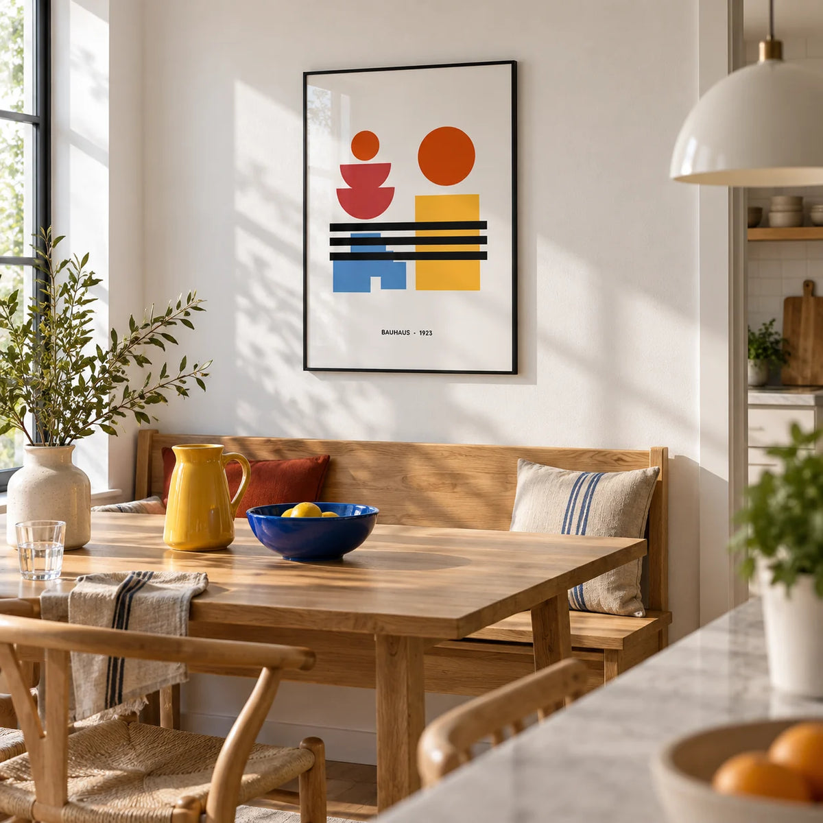 Minamalist Art, framed on the wall of a bright family kitchen-diner with a white wall